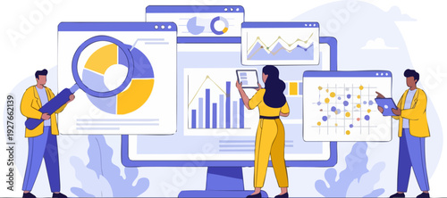 Three people analyzing data on multiple browser windows and a large monitor with charts, graphs, and a magnifying glass in a flat vector style