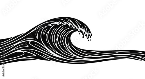 Dramatic black and white illustration of a powerful ocean wave crashing with stylized water lines.