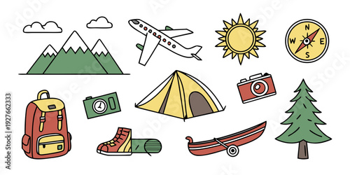 A vibrant collection of nature-themed icons including a tree, sun, and tent. Vector