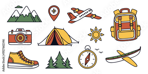 A collection of diverse icons representing outdoor activities and nature. Vector