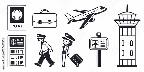 Travel icons depicting various modes of transportation and travel-related activities Vector
