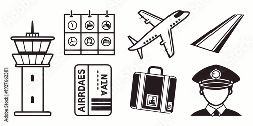 A collection of travel and airport related icons and symbols. Vector