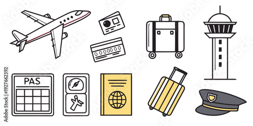 A collection of travel and vacation icons including an airplane, passport, and more. Vector