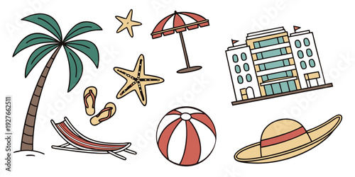 A vibrant illustration of beach items including palm trees, sand, and water sports equipment. Vector