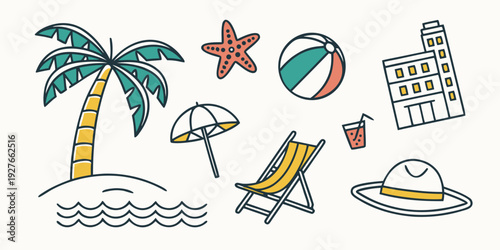 Vibrant beach scene with palm trees, beach balls, and sunbathing essentials Vector