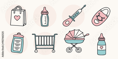 Assorted baby items including toys, bottles, and nursery essentials Vector