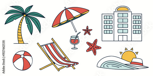 A vibrant beach scene with people relaxing on colorful beach chairs and umbrellas. Vector