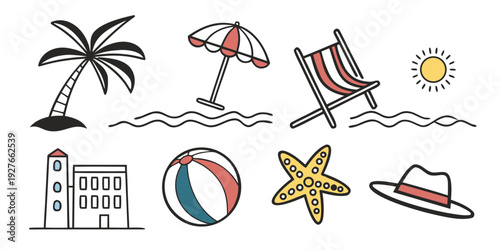Vacation essentials including beach umbrellas, surfboards, and a hotel Vector