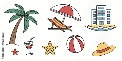 Vibrant beach scene with palm tree, beach ball, and sun lounger Vector
