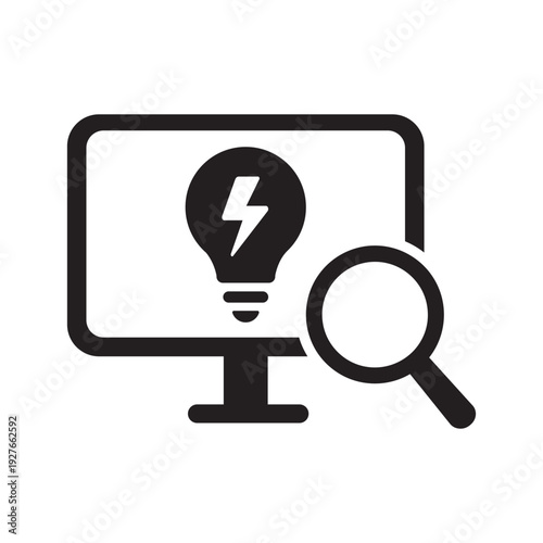 Computer screen with a glowing lightbulb and magnifying glass. Concepts include digital brainstorming, searching for innovation, creative problem solving, and intellectual property analysis.