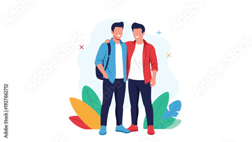 Two happy male friends stand together with their arms around each other's shoulders to represent brotherhood and support.