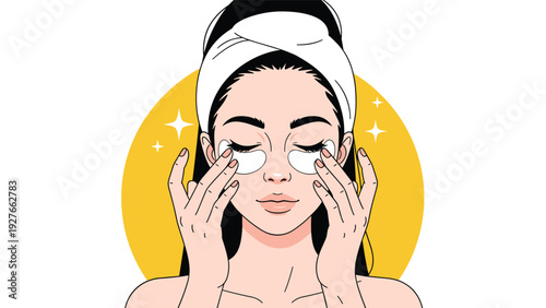 Beautiful young woman with a towel on her head carefully applies white eye patches for her daily skincare routine.
