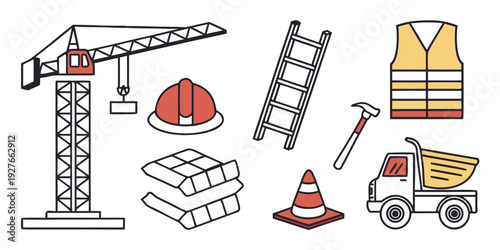 A variety of construction equipment and safety gear displayed together Vector