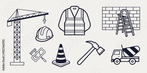 Construction site illustration with various tools and equipment Vector