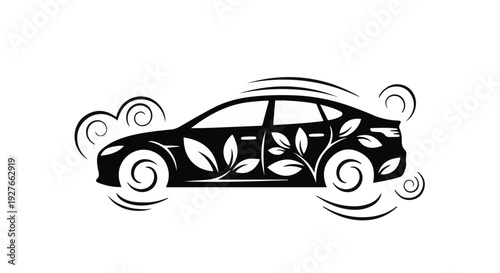 Sleek electric car silhouette adorned with green leaves and swirling wind, symbolizing eco-friendly travel.