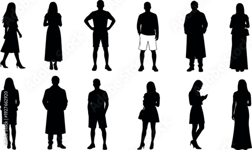 Collection of diverse male and female fashion silhouettes standing in various poses wearing casual outfits and formal long winter coats.