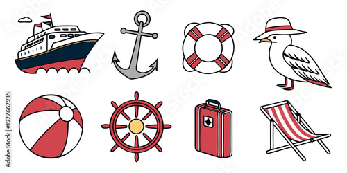 Assorted nautical and beach-themed icons arranged in a grid pattern. Vector