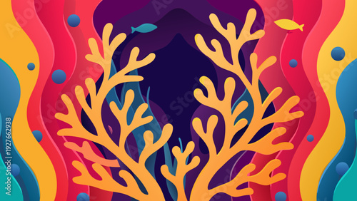 Vibrant coral reef illustration with stylized yellow coral colorful wavy patterns and small fish in a dark blue ocean background conveying a sense of underwater world and marine
