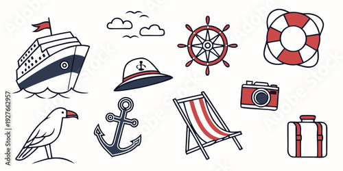 Assorted nautical icons and symbols representing maritime themes and activities Vector