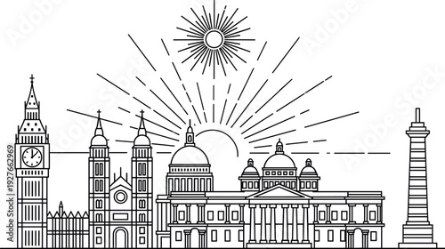 London City Landmark Skyline Line Art Vector Illustration with Big Ben, St Paul’s Cathedral, Historic Architecture and Radiant Sunburst Design