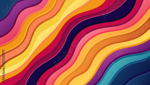 Vibrant wavy lines in shades of yellow orange pink purple and blue create a dynamic abstract pattern