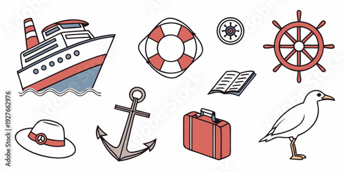 Assorted nautical icons including a cruise ship, life preserver, and seagull Vector