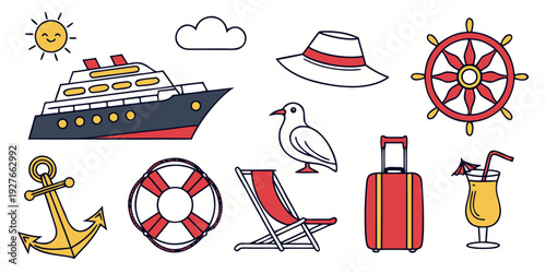 Assorted nautical and travel icons including a ship, lifebuoy, and suitcase Vector