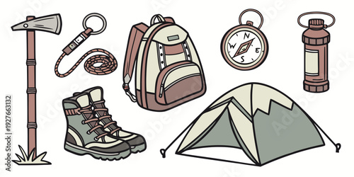 Essential camping gear and equipment for outdoor adventures and exploration Vector