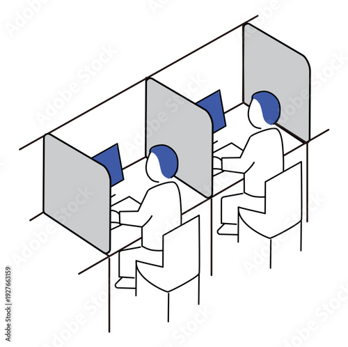 個室ブース、パネルデスクで作業をする人、ベクターイラスト