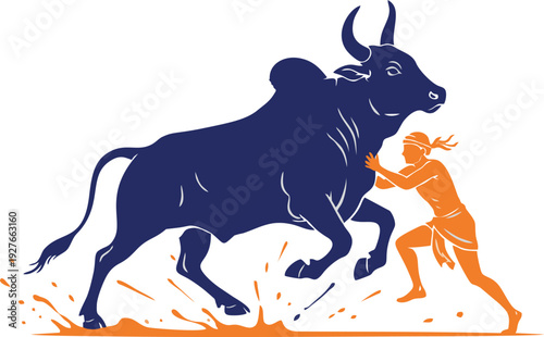 Jallikattu bull taming sport silhouette illustration featuring a brave man wrestling