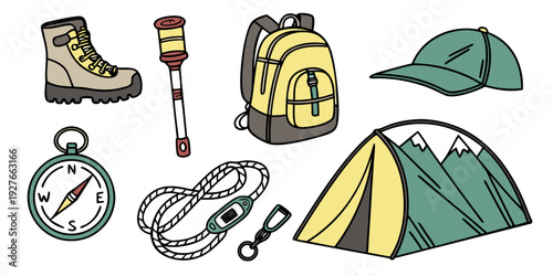 A collection of outdoor gear including a tent, backpack, and hiking boots Vector