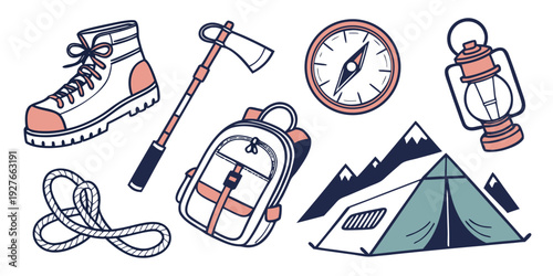 A collection of outdoor and adventure equipment icons including a hammer, wrench, and tent. Vector