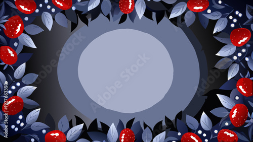 Stylized berry wreath frame with red berries and gray leaves on dark background for decoration and design