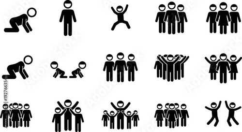 Collection of minimalist human stick figure icons depicting people in groups, families, crawling babies, jumping figures, and diverse social interactions