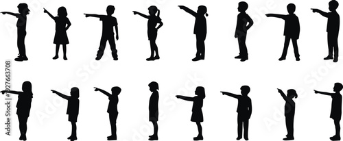 PrintChildren silhouettes pointing direction, group behavior illustration, educational design resource, uniform posture collection, artistic grid arrangement, psychology study reference, teamwork co