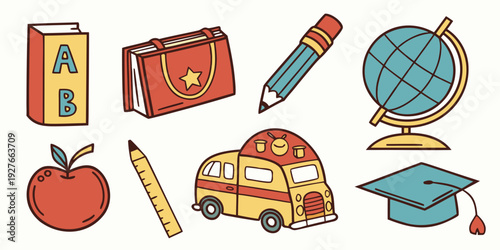 Colorful illustration showcasing various school supplies and a healthy snack Vector