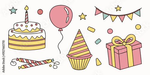 A delightful assortment of cakes and pastries with colorful decorations and a balloon Vector