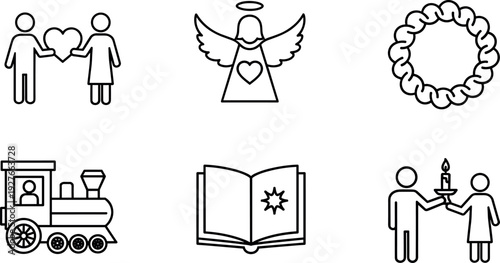 Collection of minimalist linear icons featuring romantic couple with heart, angel silhouette, floral wreath, steam train engine, open book, and candlelight.