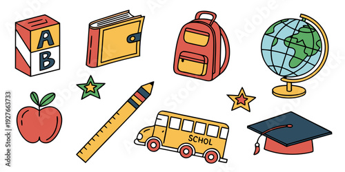 Assorted colorful school supplies arranged neatly on a white background Vector