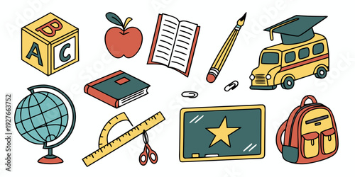 A collection of educational icons representing various school subjects and activities Vector