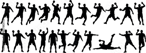 Collection of professional handball player silhouettes in action showing shooting jumping passing throwing and diverse athletic poses for sports graphic design