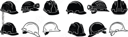 PrintConstruction helmets silhouettes collection, safety equipment illustration, protective headgear resource, industrial design reference, worker safety gear, vector graphic arrang