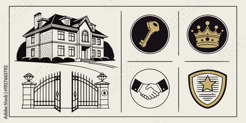 A collage of various objects including a building, a clock, a book, and a trophy Vector