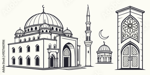 Intricate architectural drawing of a mosque with minarets and domes Vector