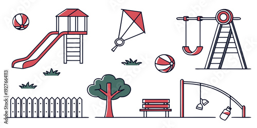 A colorful playground with various equipment and a bench for relaxation Vector