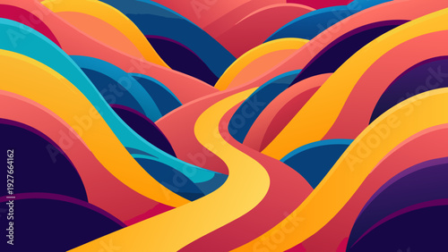 Vibrant wavy lines in shades of yellow orange red blue and purple create a stylized abstract illustration with a dynamic flowing pattern