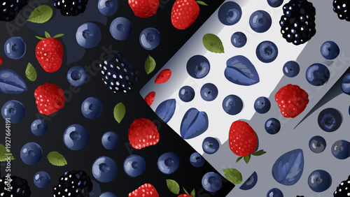 Seamless pattern of mixed berries on black white and grey backgrounds vector illustration for food and drink design