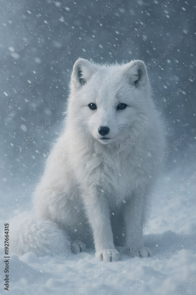 Fototapeta premium Arctic fox looking directly at viewer, sitting on snow during a winter snowstorm, showing wildlife survival and adaptation