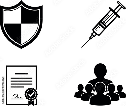 Comprehensive medical icons for vaccine immunity protection and certified healthcare documentation for public safety and community health insurance coverage policies.