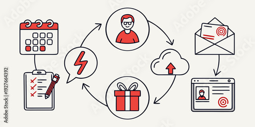 Illustration of a process flow involving documents, users, and approvals Vector